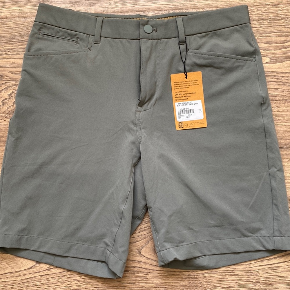 REI Sun Up Shorts Sage Grey size 32 waist.